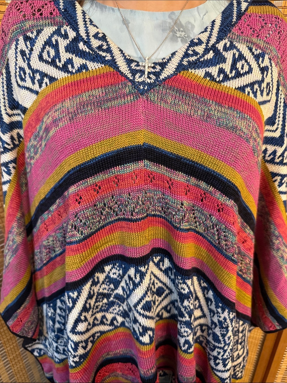 Peruvian Connection Pink Multi-Stripe V-Neck with Navy & Mustard Accents